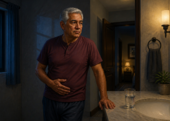 Hombre mayor de pie en un baño durante la noche sostiene una mano sobre la parte baja del abdomen, junto a un lavabo con un vaso de agua.