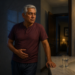 Hombre mayor de pie en un baño durante la noche sostiene una mano sobre la parte baja del abdomen, junto a un lavabo con un vaso de agua.