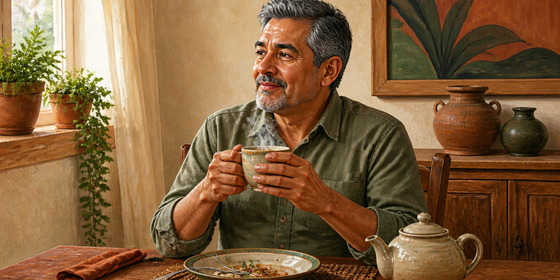Hombre adulto sentado a la mesa sosteniendo una taza caliente con ambas manos, junto a una tetera y un plato después de comer.
