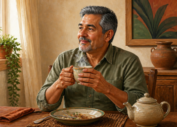 Hombre adulto sentado a la mesa sosteniendo una taza caliente con ambas manos, junto a una tetera y un plato después de comer.