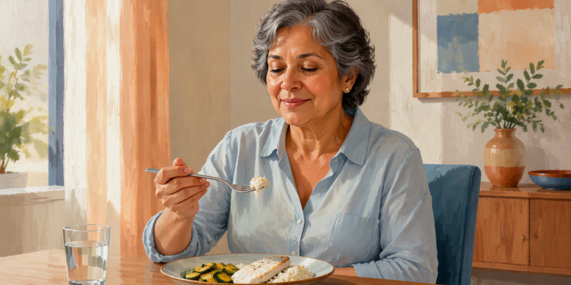 Mujer mayor sentada a la mesa comiendo una comida suave con arroz, verduras y un filete blanco, acompañada de un vaso de agua.