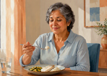 Mujer mayor sentada a la mesa comiendo una comida suave con arroz, verduras y un filete blanco, acompañada de un vaso de agua.