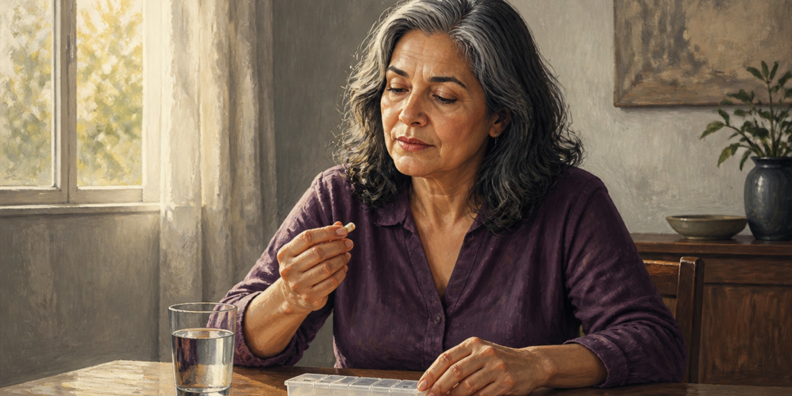 Mujer adulta sentada a una mesa observa una cápsula que sostiene con una mano, junto a un vaso de agua y un pastillero.