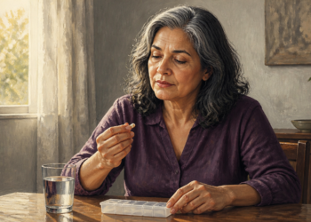 Mujer adulta sentada a una mesa observa una cápsula que sostiene con una mano, junto a un vaso de agua y un pastillero.