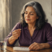 Mujer adulta sentada a una mesa observa una cápsula que sostiene con una mano, junto a un vaso de agua y un pastillero.