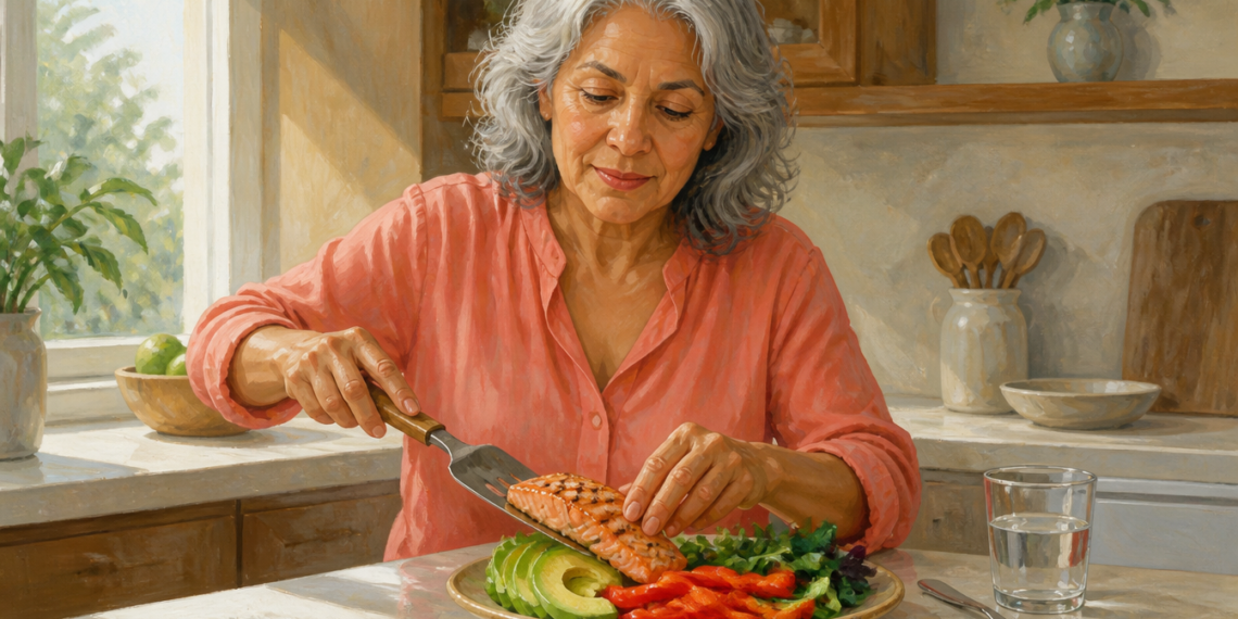 Mujer mayor en una cocina luminosa sirviendo un filete de salmón en un plato con aguacate, pimiento rojo, hojas verdes y un vaso de agua.
