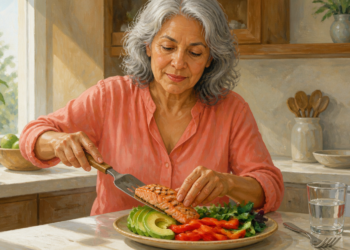 Mujer mayor en una cocina luminosa sirviendo un filete de salmón en un plato con aguacate, pimiento rojo, hojas verdes y un vaso de agua.