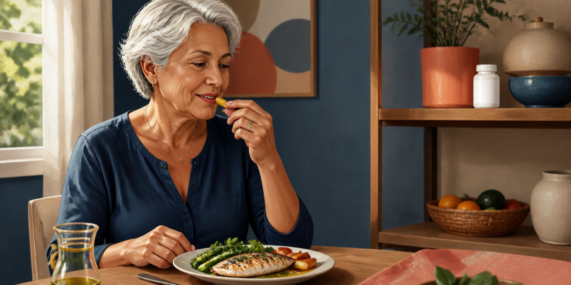Mujer mayor tomando una cápsula durante una comida con pescado y verduras, con un frasco de suplemento visible al fondo.