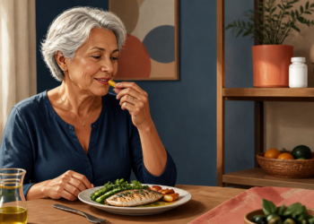 Mujer mayor tomando una cápsula durante una comida con pescado y verduras, con un frasco de suplemento visible al fondo.