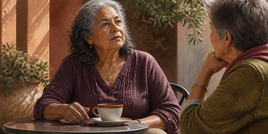 Dos mujeres mayores conversan sentadas frente a frente en una mesa al aire libre, una de ellas con una taza delante y expresión atenta durante la conversación.