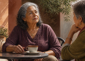 Dos mujeres mayores conversan sentadas frente a frente en una mesa al aire libre, una de ellas con una taza delante y expresión atenta durante la conversación.