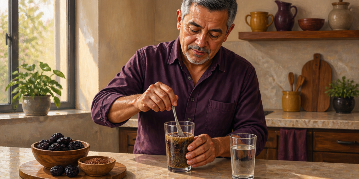 Hombre adulto preparando una bebida con ciruelas pasas y semillas en un vaso, junto a un recipiente con ciruelas, linaza y un vaso de agua en una cocina.