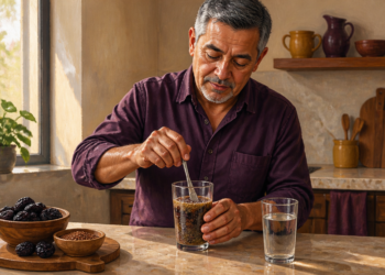 Hombre adulto preparando una bebida con ciruelas pasas y semillas en un vaso, junto a un recipiente con ciruelas, linaza y un vaso de agua en una cocina.