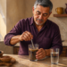 Hombre adulto preparando una bebida con ciruelas pasas y semillas en un vaso, junto a un recipiente con ciruelas, linaza y un vaso de agua en una cocina.