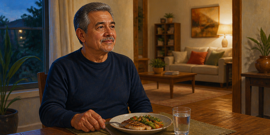 Hombre mayor sentado a la mesa durante la cena, con un plato de pescado y verduras y un vaso de agua en un comedor iluminado al anochecer.