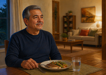 Hombre mayor sentado a la mesa durante la cena, con un plato de pescado y verduras y un vaso de agua en un comedor iluminado al anochecer.