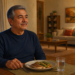 Hombre mayor sentado a la mesa durante la cena, con un plato de pescado y verduras y un vaso de agua en un comedor iluminado al anochecer.