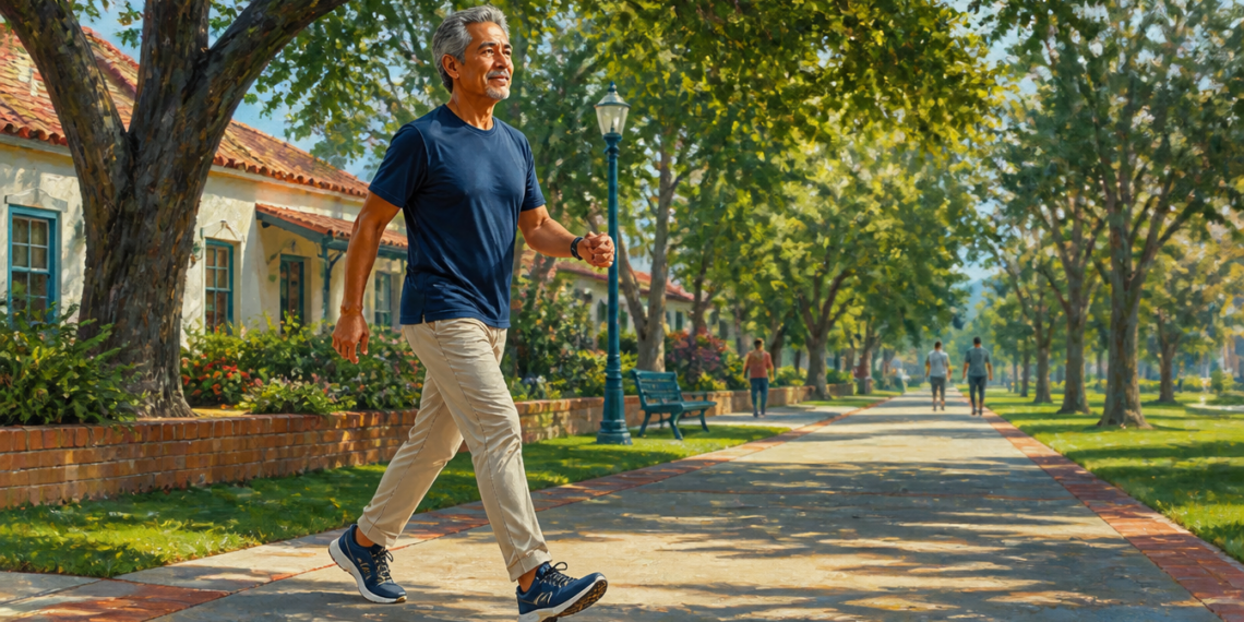 Hombre mayor de cabello gris caminando a paso activo por un sendero arbolado al aire libre, con ropa cómoda y zapatillas deportivas.