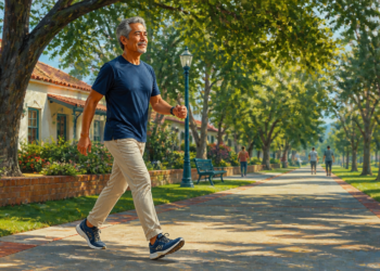 Hombre mayor de cabello gris caminando a paso activo por un sendero arbolado al aire libre, con ropa cómoda y zapatillas deportivas.