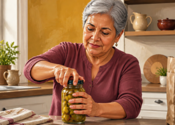Mujer mayor de cabello gris abriendo un frasco de vidrio con ambas manos en una cocina, en una escena relacionada con la fuerza y destreza de las manos después de los 60.