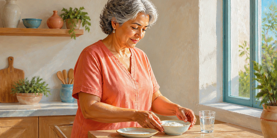 Mujer mayor en una cocina colocando un cuenco con un alimento blanco sobre la mesa, junto a un plato y un vaso de agua.