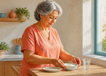 Mujer mayor en una cocina colocando un cuenco con un alimento blanco sobre la mesa, junto a un plato y un vaso de agua.