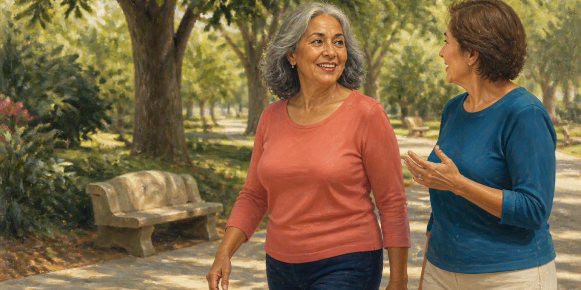 Dos mujeres mayores caminan y conversan por un parque arbolado durante el día, en una escena al aire libre asociada a la actividad social y física después de los 60.