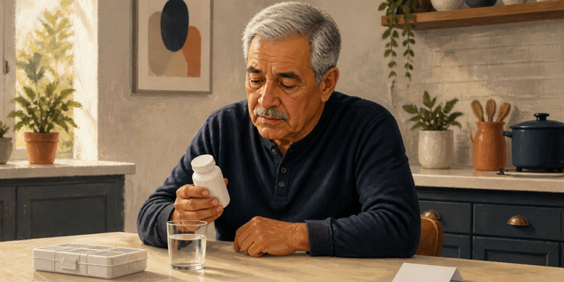 Hombre mayor sentado en una cocina observa un frasco de medicamento que sostiene en la mano, junto a un vaso de agua y un pastillero sobre la mesa.
