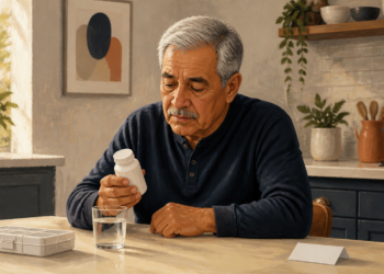 Hombre mayor sentado en una cocina observa un frasco de medicamento que sostiene en la mano, junto a un vaso de agua y un pastillero sobre la mesa.