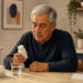 Hombre mayor sentado en una cocina observa un frasco de medicamento que sostiene en la mano, junto a un vaso de agua y un pastillero sobre la mesa.