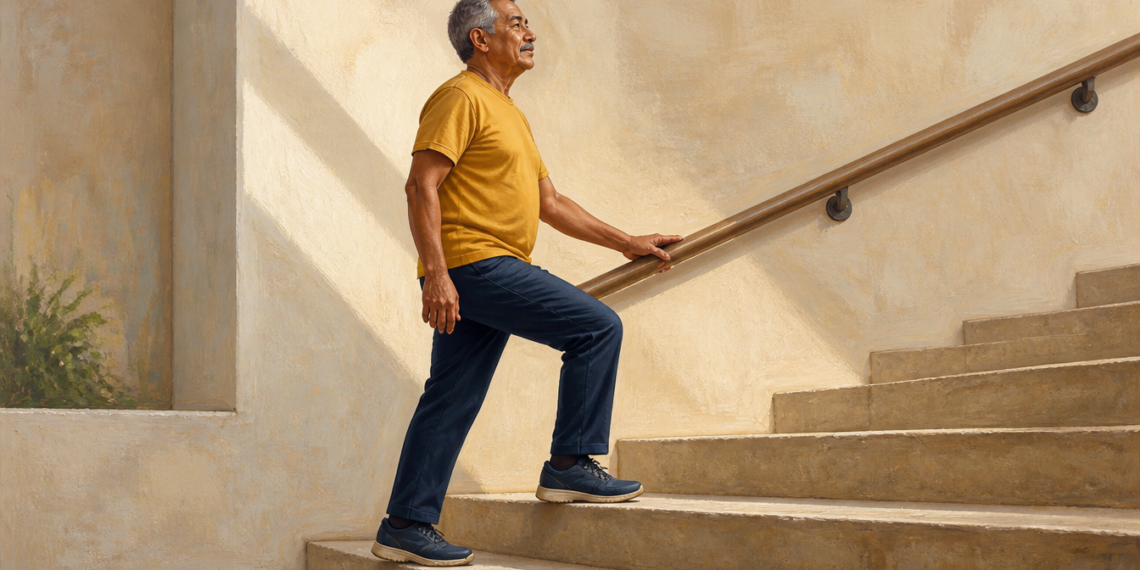 Hombre mayor subiendo escaleras con una mano apoyada en la barandilla, vestido con camiseta amarilla, pantalón azul y zapatillas deportivas.