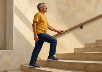 Hombre mayor subiendo escaleras con una mano apoyada en la barandilla, vestido con camiseta amarilla, pantalón azul y zapatillas deportivas.