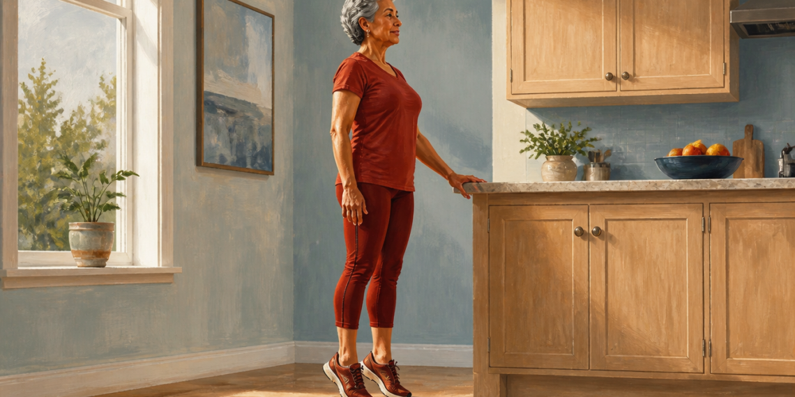 Mujer mayor realizando un ejercicio de elevación de talones junto a la encimera de una cocina, con una mano apoyada para mantener el equilibrio.