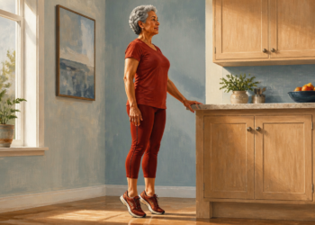 Mujer mayor realizando un ejercicio de elevación de talones junto a la encimera de una cocina, con una mano apoyada para mantener el equilibrio.