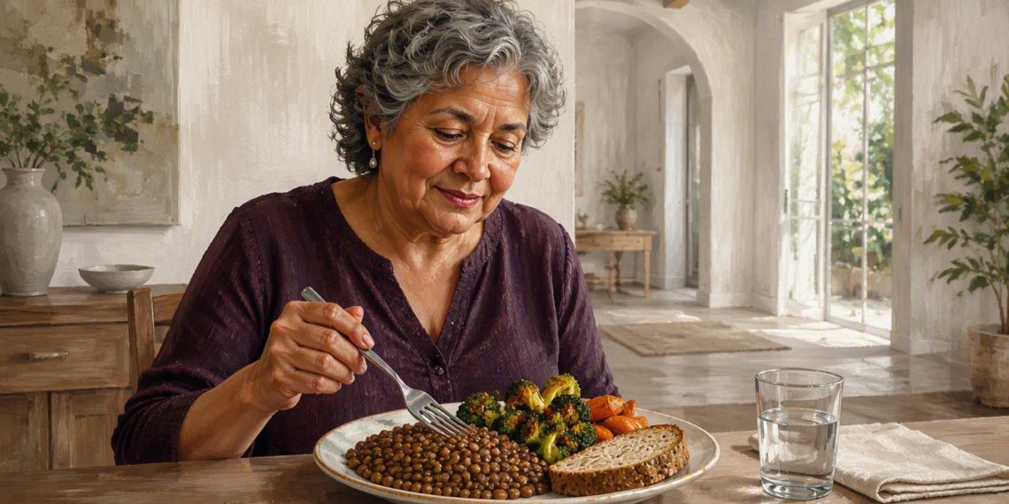 Mujer mayor comiendo un plato con lentejas, brócoli, zanahorias y pan integral, acompañado de un vaso de agua.