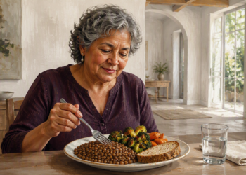 Mujer mayor comiendo un plato con lentejas, brócoli, zanahorias y pan integral, acompañado de un vaso de agua.
