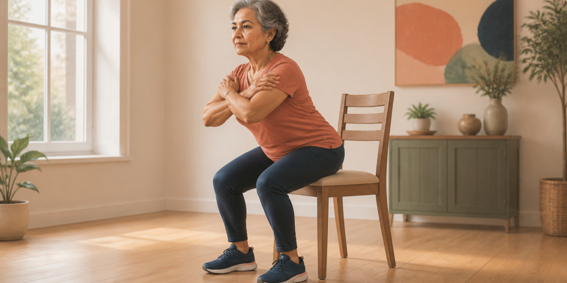 Mujer mayor realiza una sentadilla asistida frente a una silla en una habitación luminosa, como ejercicio en casa para fortalecer caderas y glúteos después de los 60.