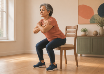 Mujer mayor realiza una sentadilla asistida frente a una silla en una habitación luminosa, como ejercicio en casa para fortalecer caderas y glúteos después de los 60.