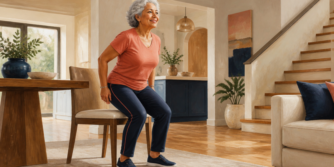 Mujer mayor de cabello gris realizando un ejercicio de sentarse y levantarse de una silla en casa para fortalecer las rodillas y las piernas después de los 60.