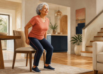 Mujer mayor de cabello gris realizando un ejercicio de sentarse y levantarse de una silla en casa para fortalecer las rodillas y las piernas después de los 60.