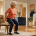 Mujer mayor de cabello gris realizando un ejercicio de sentarse y levantarse de una silla en casa para fortalecer las rodillas y las piernas después de los 60.