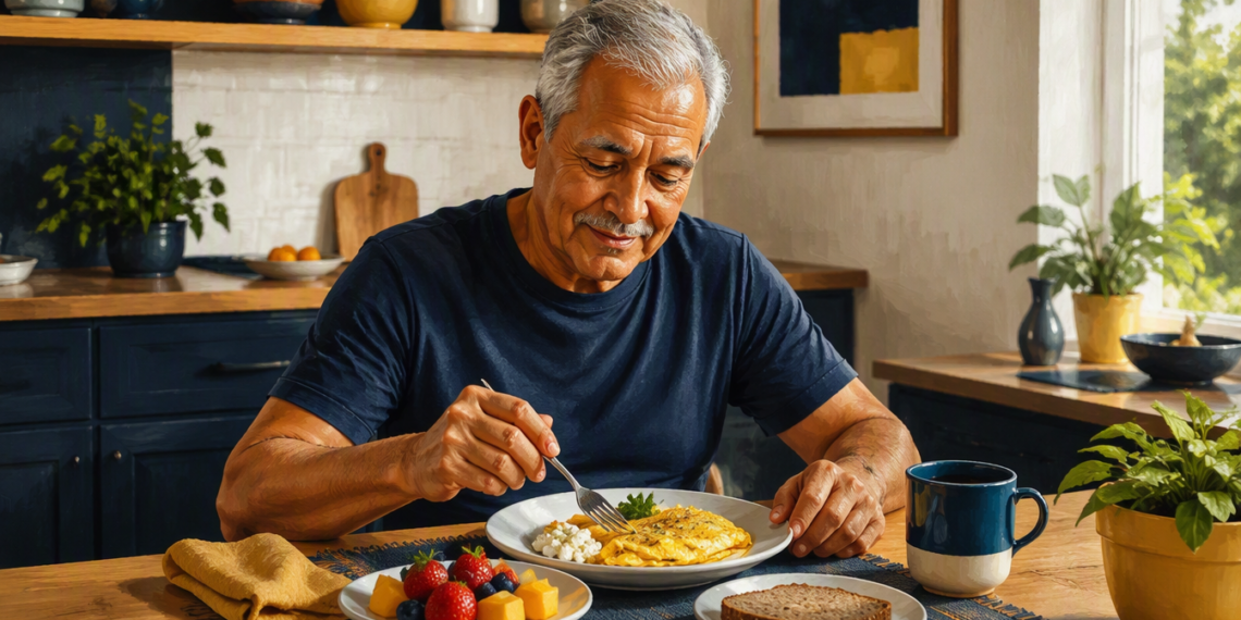 Hombre mayor sentado a la mesa desayunando una tortilla con queso, acompañado de frutas, pan integral y una taza, en una cocina luminosa.