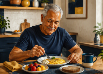 Hombre mayor sentado a la mesa desayunando una tortilla con queso, acompañado de frutas, pan integral y una taza, en una cocina luminosa.