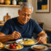 Hombre mayor sentado a la mesa desayunando una tortilla con queso, acompañado de frutas, pan integral y una taza, en una cocina luminosa.