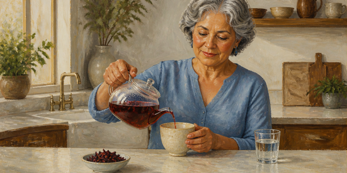 Mujer mayor sirviendo una infusión rojiza en una taza, con un vaso de agua y hierbas secas sobre la mesa de una cocina luminosa.
