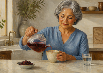Mujer mayor sirviendo una infusión rojiza en una taza, con un vaso de agua y hierbas secas sobre la mesa de una cocina luminosa.