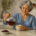 Mujer mayor sirviendo una infusión rojiza en una taza, con un vaso de agua y hierbas secas sobre la mesa de una cocina luminosa.