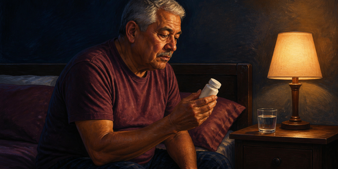 Hombre mayor sentado en la cama por la noche observa un frasco de medicamento, junto a un vaso de agua y una lámpara encendida sobre la mesita.