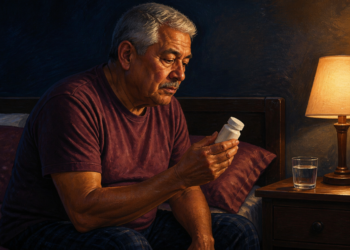 Hombre mayor sentado en la cama por la noche observa un frasco de medicamento, junto a un vaso de agua y una lámpara encendida sobre la mesita.