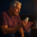 Hombre mayor sentado en la cama por la noche observa un frasco de medicamento, junto a un vaso de agua y una lámpara encendida sobre la mesita.